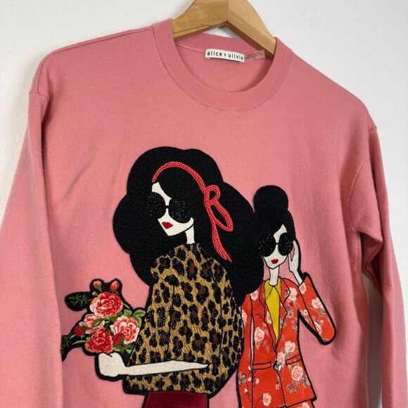 Alice + Olivia Gleeson Rose Appliqué Embellished Pullover Swetaer Size S RARE - Picture 1 of 12